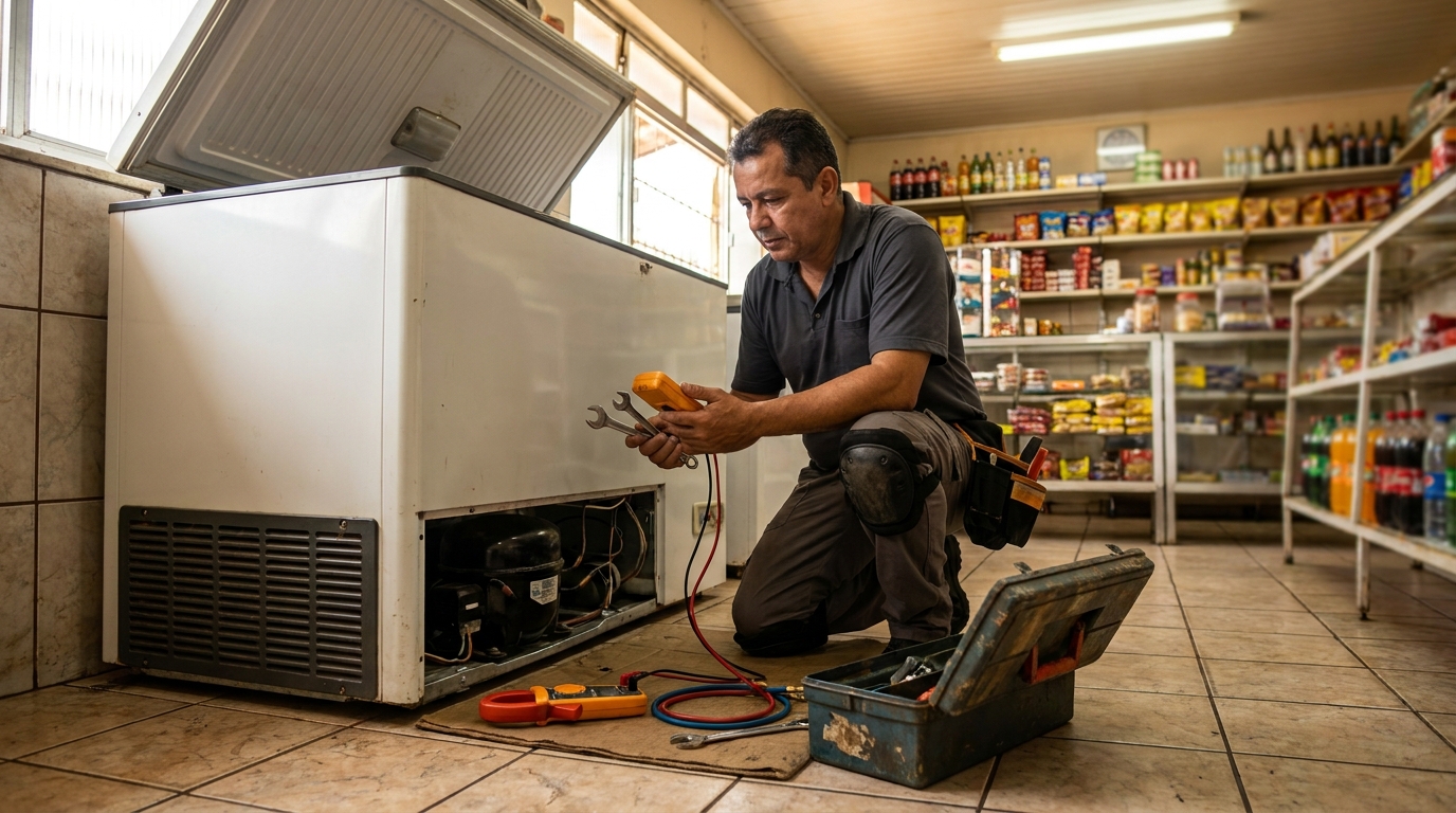 Técnico realizando manutenção de motor de freezer na Estação, Franca‑SP