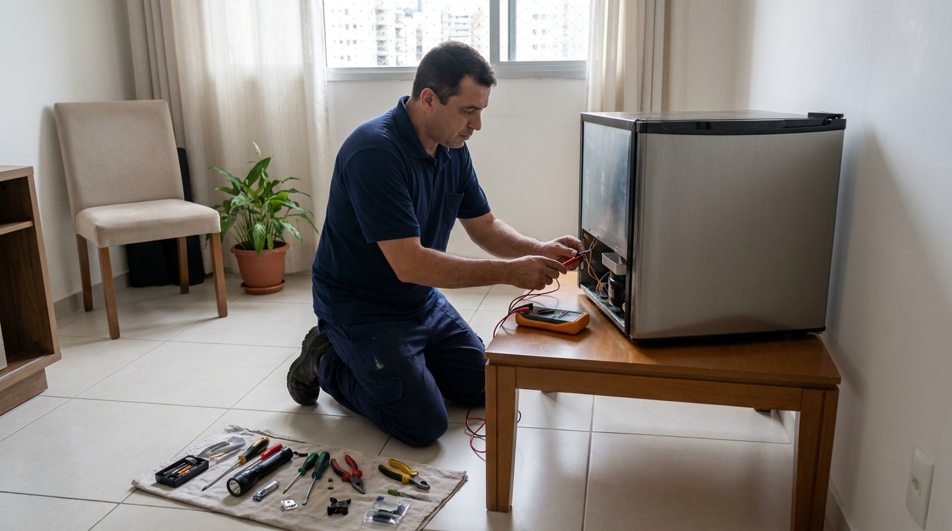 Técnico realizando manutenção de motor de frigobar no City Petrópolis, Franca‑SP