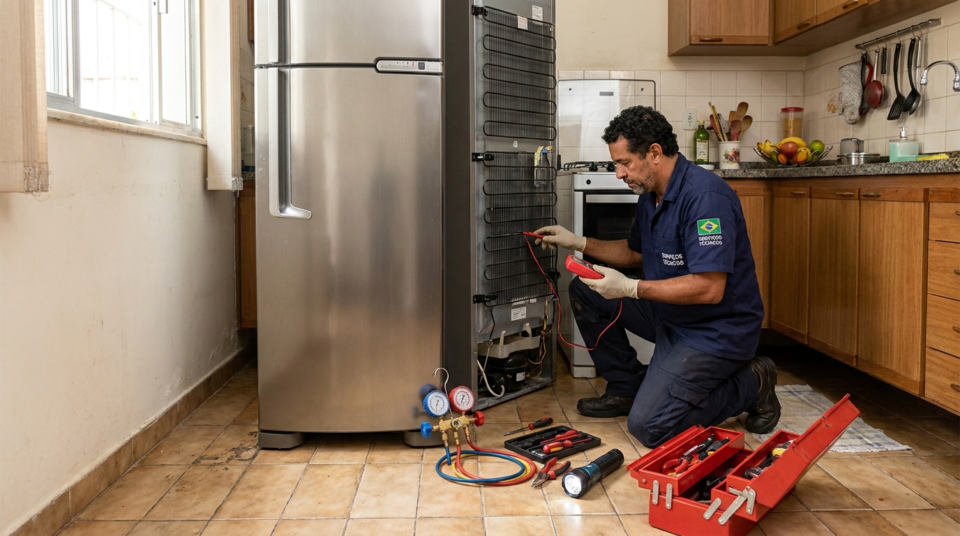 Técnico realizando manutenção de motor de geladeira no City Petrópolis, Franca‑SP