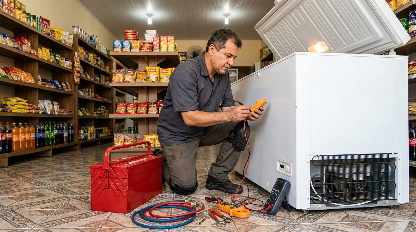 Recarga de gás refrigerante em freezer em atendimento na Estação, Franca‑SP