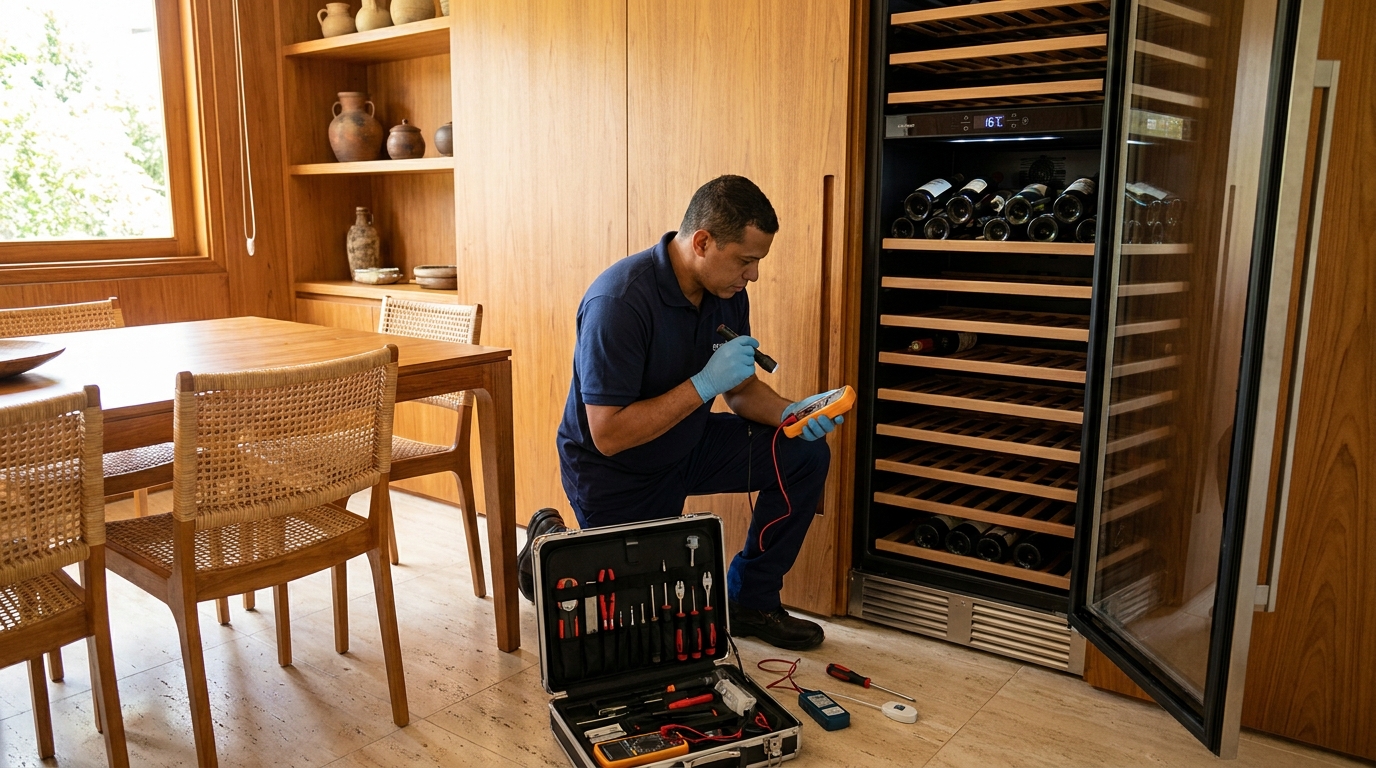 Troca de termostato de adega climatizada em atendimento técnico no Centro, Franca‑SP