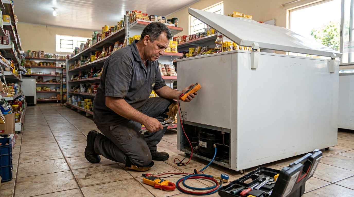 Troca de termostato de freezer em atendimento técnico na Estação, Franca‑SP